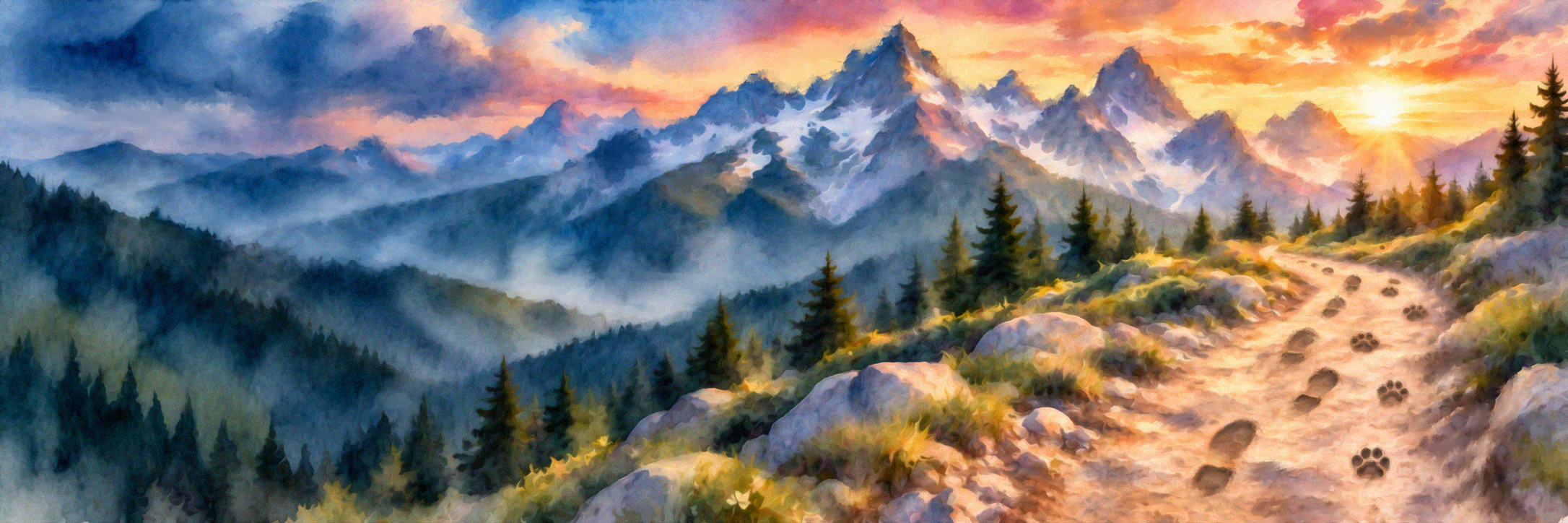 Soft leather-sole bootprints and pawprints travel side by side along a winding trail toward mountain peaks and distant sunlight.