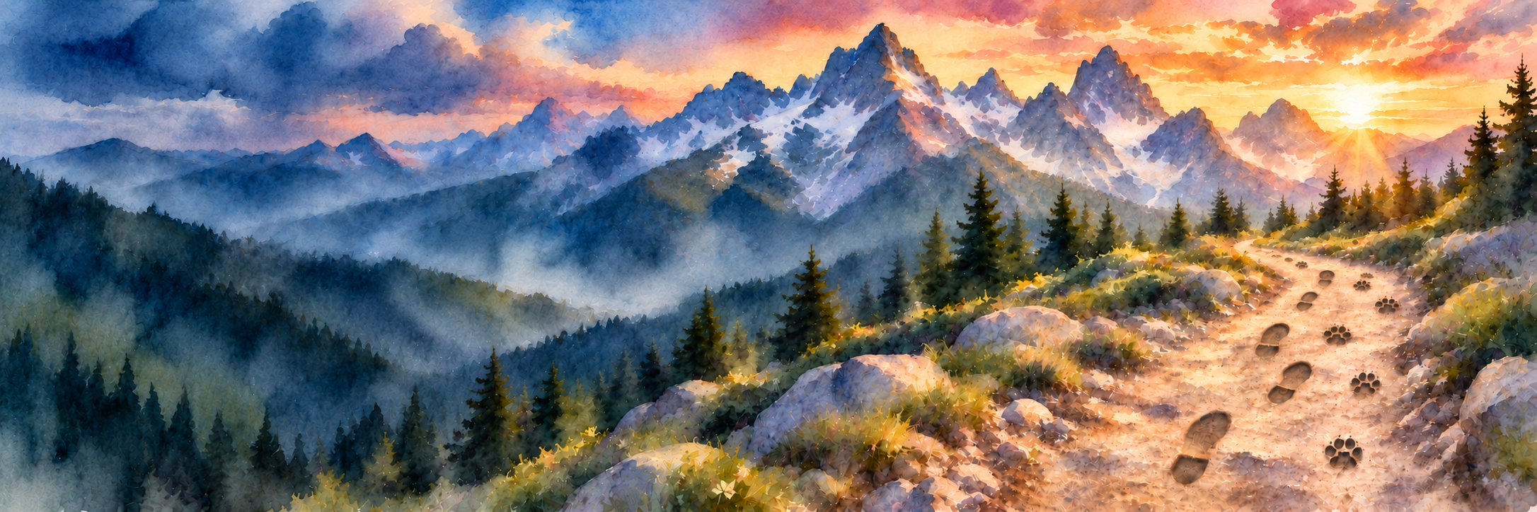 Soft leather-sole bootprints and pawprints travel side by side along a winding trail toward mountain peaks and distant sunlight.