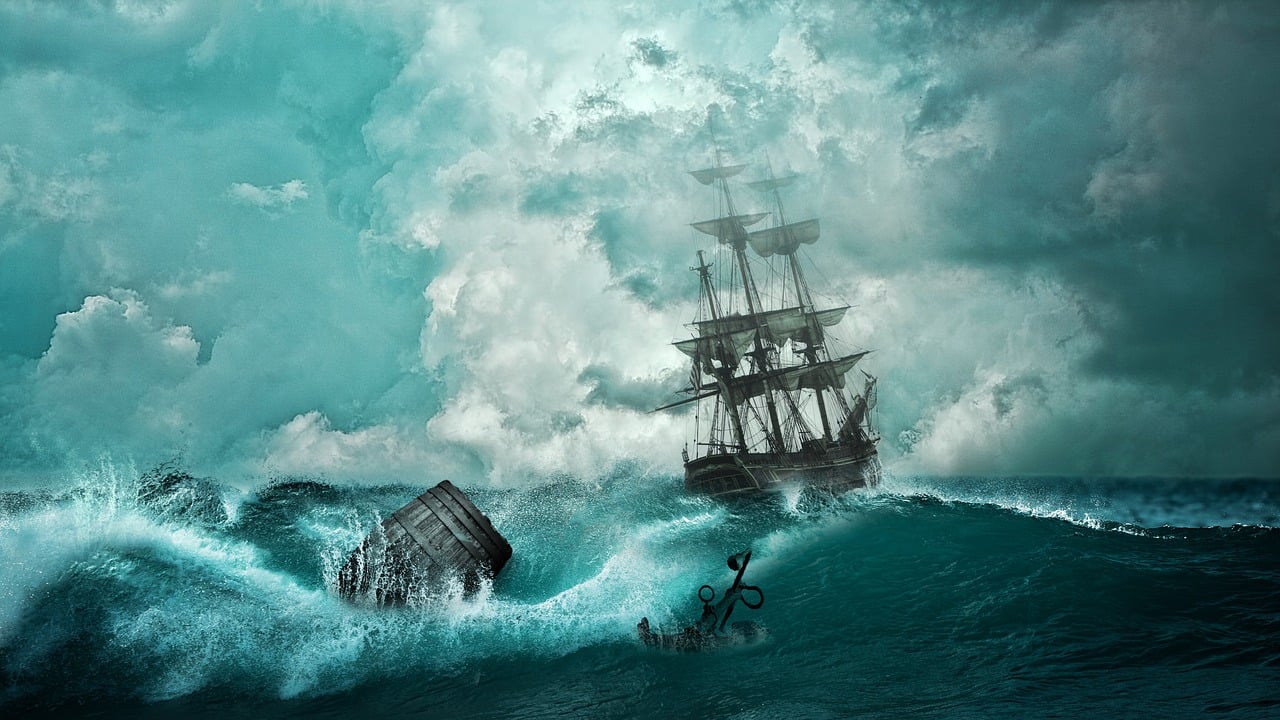 ship being frantically tossed