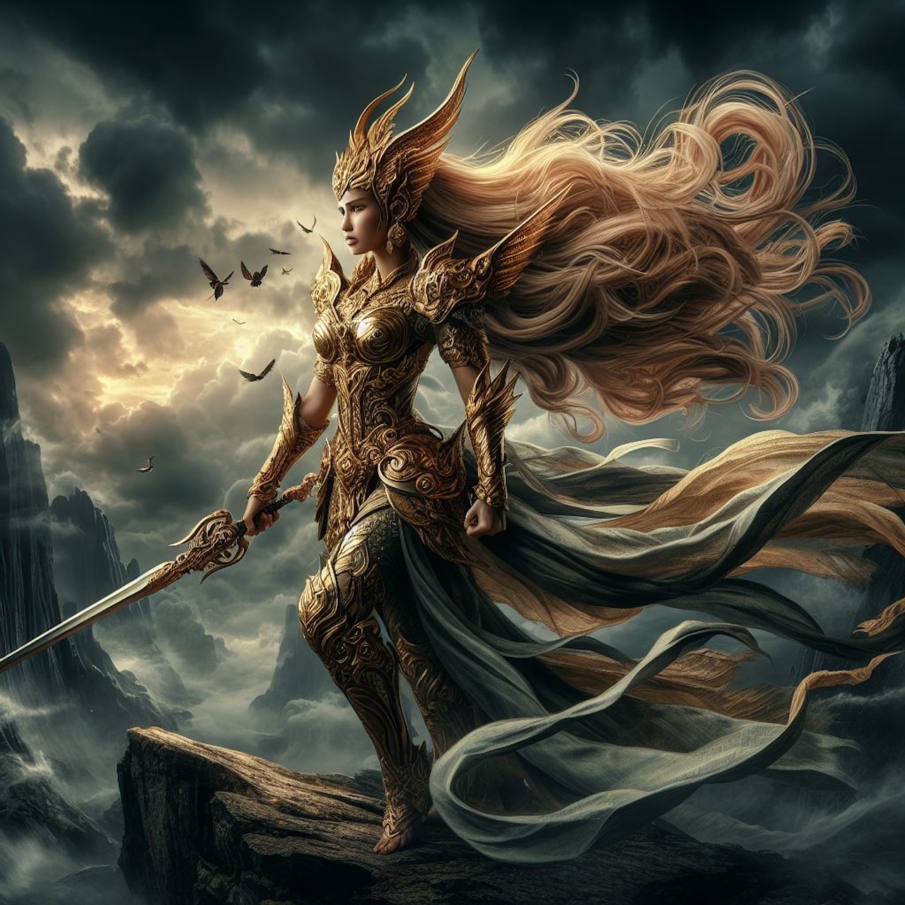 valkyrie warrior woman on a cliffside with stormy clouds behind her