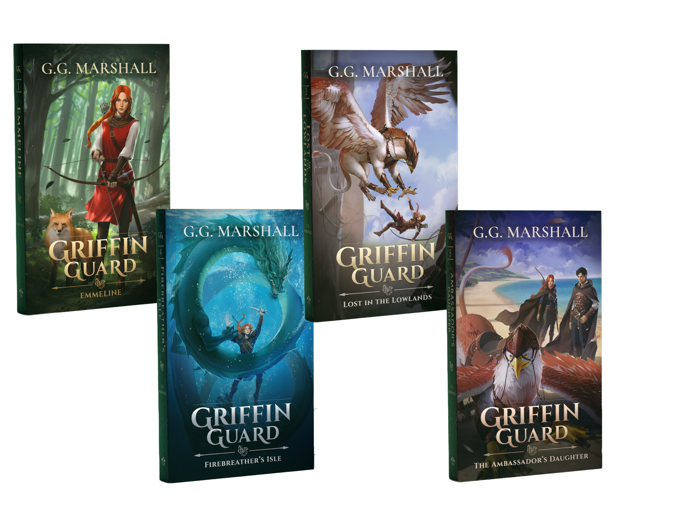 Four planned Griffin Guard books: Emmeline, Lost in the Lowlands, Firebreather’s Isle, and The Ambassador’s Daughter