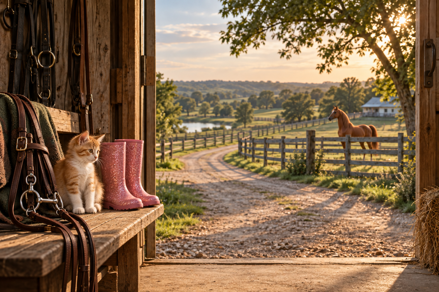 An orange-and-white kitten beside pink sparkly boots and a western bridle, with a chestnut Arabian beyond the fence