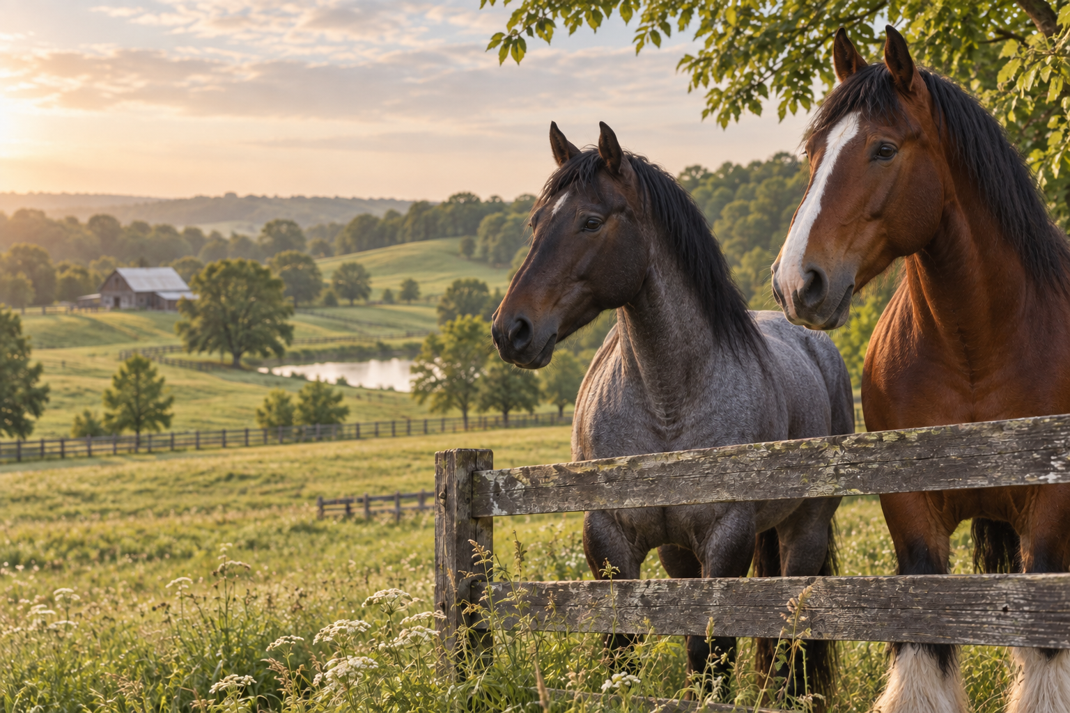 A blue roan Quarter Horse and a bay Clydesdale at the ranch fence